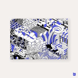 Metavers | A5, carte, illustration, print, art, bleu, couleur, science fiction, architecture, virtuel, univers fantastique, bd, digitale