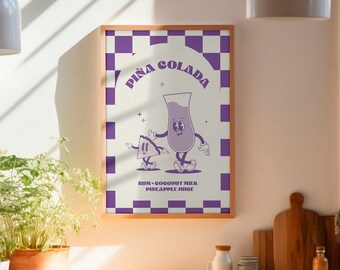 Diseño retro de cóctel piña colada con dibujos animados.