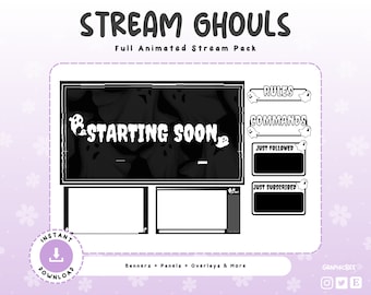 Może przedstawiać: Cyfrowy pakiet streamingowy zatytułowany STREAM GHOULS Full Animated Stream Pack, zawierający czarno-białe nakładki, panele i banery z motywem duchów. Zawiera tekst: STARTING SOON, RULES, COMMANDS, JUST FOLLOWED oraz JUST SUBSCRIBED.