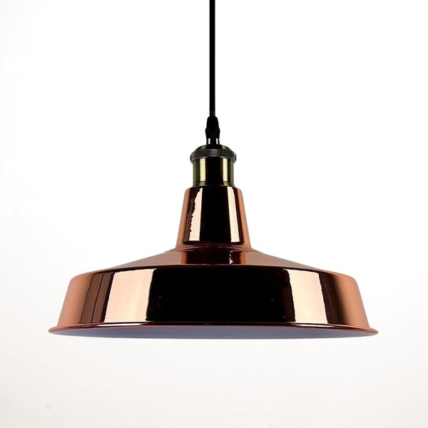 Industrial Copper Pendant Factory Light - Vintage Retro Enamel Ceiling Lamp with Large Shade & FREE E27 Bulb