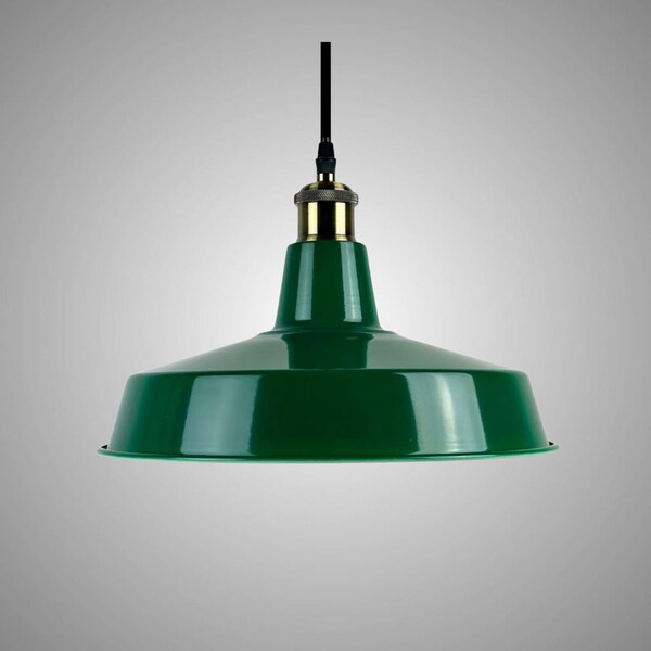 Large Green Enamel Warehouse Pendant Light - Vintage Industrial Lighting Fixture + FREE E27 Bulb
