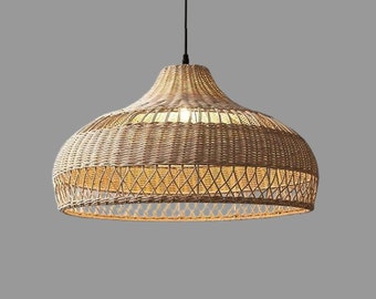 Retro pendant light, Handwoven rattan bamboo lampshade, Elegant dome-shaped chandelier light fixture, For living, dining room, restaurants