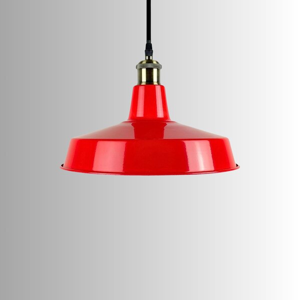 Red Vintage Industrial Retro Enamel Pendant Factory Lighting Hanging Warehouse Style Ceiling Light Fixture Large Lamp Shade FREE E27 Bulb