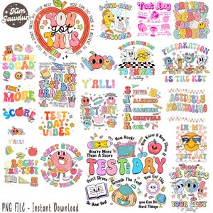 May include: A set of 20 colourful digital clipart images featuring motivational phrases and illustrations related to testing and school. The images include phrases like "You got this", "Test Day Vibes", "Preparation is the key", and "Rock the Test".