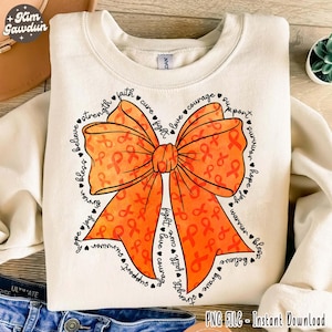 May include: Orange ribbon bow with a watercolor effect and a circle of words around it, including "believe", "strength", "faith", "cure", "fight", "love", "courage", "support", "survivor", "hope", "joy", "warrior", "bless", "brave", "believe".