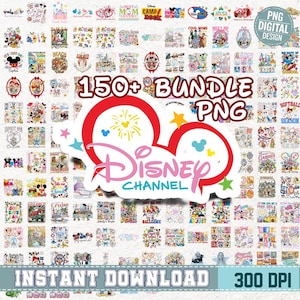 Può includere: Una collezione di design digitali PNG a tema Disney. L'immagine presenta una varietà di grafiche, tra cui personaggi, loghi e frasi. Il testo include "150+ BUNDLE PNG", "Disney Channel", "Instant Download" e "300 DPI".