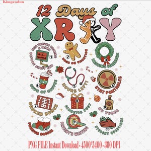 Puede incluir: Un diseño gráfico digital con el texto "12 Days of XRAY" en estilo retro. El diseño incluye elementos navideños médicos como un hombre de jengibre, una corona y un estetoscopio, junto con frases como "Broken Bones" y "Diabetic Feet".