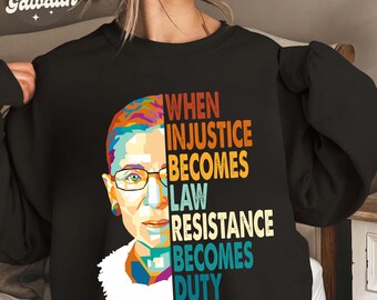 Cuando la injusticia se convierte en ley, la resistencia se convierte en deber. Archivo PNG. Derechos humanos. Mujer fuerte e independiente apoya la igualdad de derechos. Ruth Bader Ginsburg.