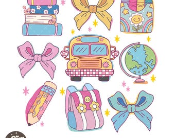 Coqueta de regreso a la escuela PNG Niños preppy Lazo rosa Escuela Maestra PNG Autobús escolar PNG Lindo garabato PNG para niñas Lápiz con lazo Primaria Png