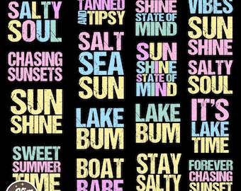 Paquete de 20 imágenes de sol, playa, verano, diseño de camiseta de verano de neón, playa desgastada, lago, piscina y río