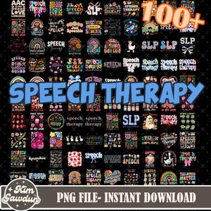 Puede incluir: Un gráfico de descarga digital con más de 100 diseños de terapia del habla. Los diseños incluyen texto como "Speech Therapy", "SLP" y varias frases relacionadas, todo en una variedad de colores y estilos. La imagen está sobre un fondo negro.