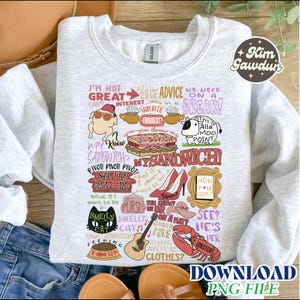 Może przedstawiać: Jasnoszara bluza z kolorową grafiką z frazami i ilustracjami z popularnego serialu telewizyjnego. Projekt zawiera kanapkę, szpilki, homara i tekst "My Sandwich!"