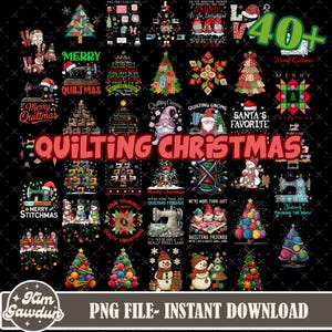 May include: A digital collage featuring over 40 Christmas-themed designs, including Christmas trees, sewing machines, gnomes, and festive text. The words "Quilting Christmas" are prominently displayed, with additional text reading "Merry Quiltmas" and "Merry Stitchmas".