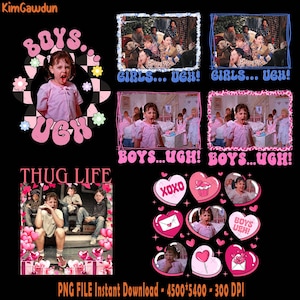 Puede incluir: Un collage digital con un diseño rosa y blanco con el texto "BOYS...UGH!" y "THUG LIFE". El collage incluye imágenes de niños de la película "Mean Girls" con el texto "GIRLS...UGH!" y "BOYS...UGH!" en rosa y blanco.
