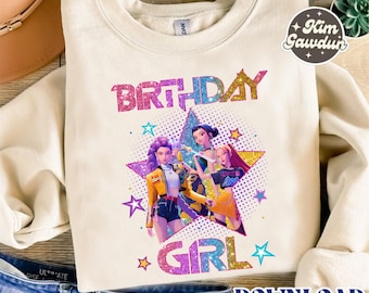 May include: Cream-colored sweatshirt with a graphic featuring three cartoon girls inside a star, with the words "BIRTHDAY GIRL" in glittery letters. The design includes stars and the text "DOWNLOAD PNG FILE".