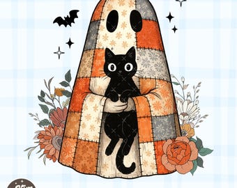 Floral Ghost Black Cat Lover Halloween Style Floral Pattern png, Cute Halloween Png, Retro Spooky Halloween Png, Halloween Png,Black Cat Png