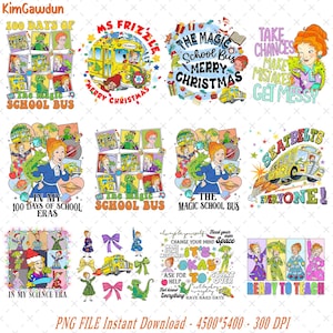 Può includere: Una collezione di design digitali colorati con personaggi ed elementi della serie "The Magic School Bus". I design includono Ms. Frizzle, l'autobus scolastico e varie frasi. Perfetto per progetti di artigianato.