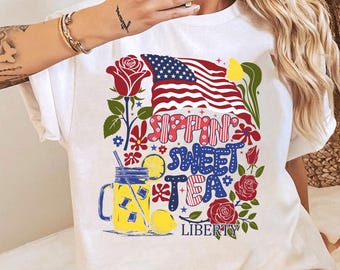 Sippin' Sweet Tea and Liberty Png, Boho Foral PNG, 4 lipca projekty sublimacji, Patriotyczne Png, Instant DIGITAL, Dzień Niepodległości Png