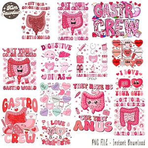 May include: A set of 12 digital designs featuring cute cartoon intestines with hearts, candy hearts, and text related to digestive health. The designs are in pink, red, and white.