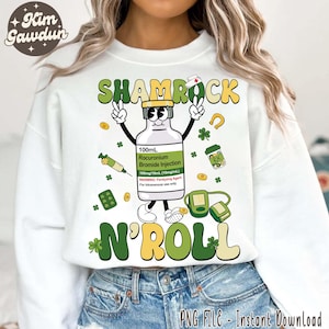 Koszulka Shamrock N'Roll, Rocuronium png, Pielęgniarka na Dzień Świętego Patryka png, Szczęśliwa pielęgniarka png, Prezent dla pielęgniarki, Irlandzka pielęgniarka png, Pielęgniarka z okrągłym dekoltem