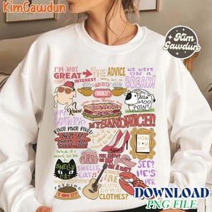 Może przedstawiać: Biała bluza z kolorowym wzorem graficznym. Wz&oacute;r zawiera ilustracje z kresk&oacute;wek i tekst, taki jak "My Sandwich!" i "How You Doin'?". Zabawny i niepowtarzalny element odzieży.