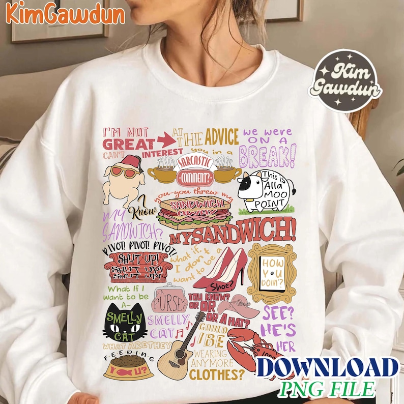 Może przedstawiać: Biała bluza z kolorowym wzorem graficznym. Wz&oacute;r zawiera ilustracje z kresk&oacute;wek i tekst, taki jak "My Sandwich!" i "How You Doin'?". Zabawny i niepowtarzalny element odzieży.