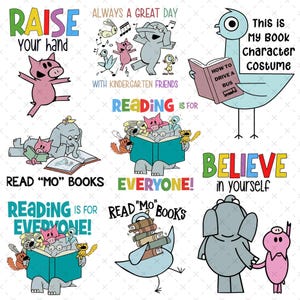 May include: A collection of colorful illustrations with text. The images feature cartoon animals like pigs, elephants, and birds, along with phrases such as "Raise your hand," "Reading is for everyone," and "Believe in yourself." The theme is centered around reading and education.