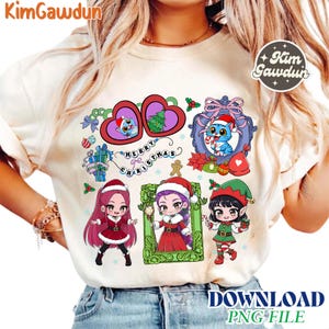 May include: Cream-colored t-shirt featuring a Christmas-themed graphic. The design includes cartoon characters, hearts, and the text "MERRY CHRISTMAS". The graphic has a variety of colors, including red, green, and blue. The words "DOWNLOAD PNG FILE" are at the bottom.