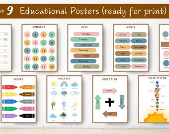 Set 9 educational posters, homeschool print, Toodler playroom decor, nursery wallart, montessori, abc learning printable