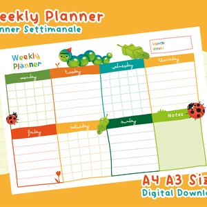 Planner settimanale carino da scaricare e stampare a casa con bruco, coccinelle e insetti per organizzare le attività del giorno cozy vibes