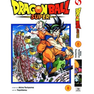 K&ouml;nnte beinhalten: Dragon Ball Super Manga Band 8 Cover mit Goku und einer j&uuml;ngeren Version von sich selbst, die in einem bunten Vergn&uuml;gungspark ein fliegendes Fahrzeug fahren. Das Cover enth&auml;lt auch den Titel "Dragon Ball Super" und die Bandnummer "8".
