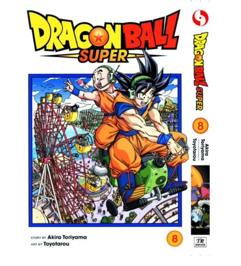 K&ouml;nnte beinhalten: Dragon Ball Super Manga Band 8 Cover mit Goku und einer j&uuml;ngeren Version von sich selbst, die in einem bunten Vergn&uuml;gungspark ein fliegendes Fahrzeug fahren. Das Cover enth&auml;lt auch den Titel "Dragon Ball Super" und die Bandnummer "8".
