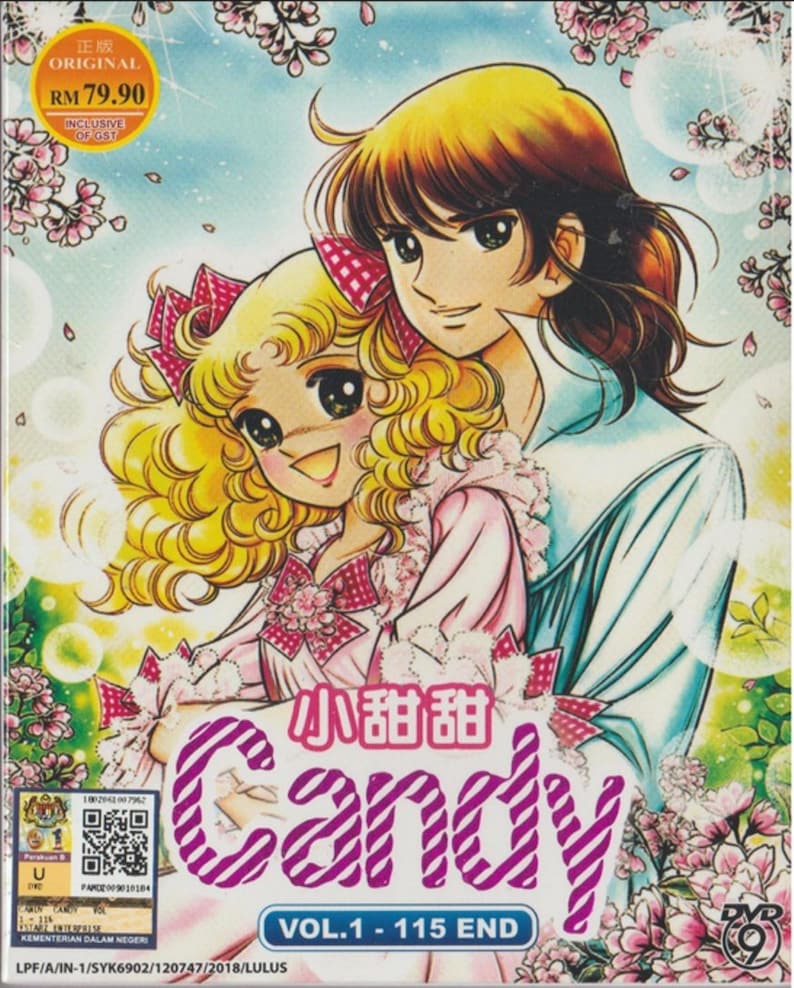 May include: A DVD cover featuring a pink and white striped design with the text "Candy" in a pink and white striped font. The cover also features a cartoon image of two people, a girl with blonde hair and a boy with brown hair. The text "Vol. 1 - 115 End" is also on the cover.