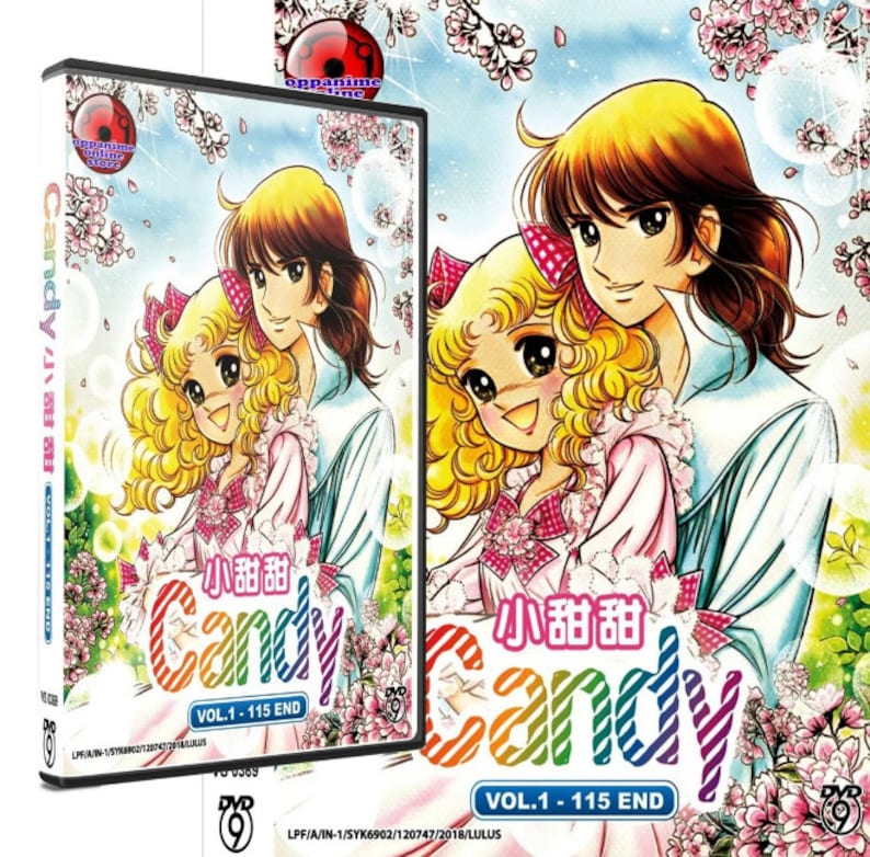 May include: DVD cover art for the anime series Candy Candy. The cover features a colorful illustration of Candy and Anthony, two main characters from the series. The text on the cover reads "Candy 小甜甜" and "VOL.1 - 115 END".