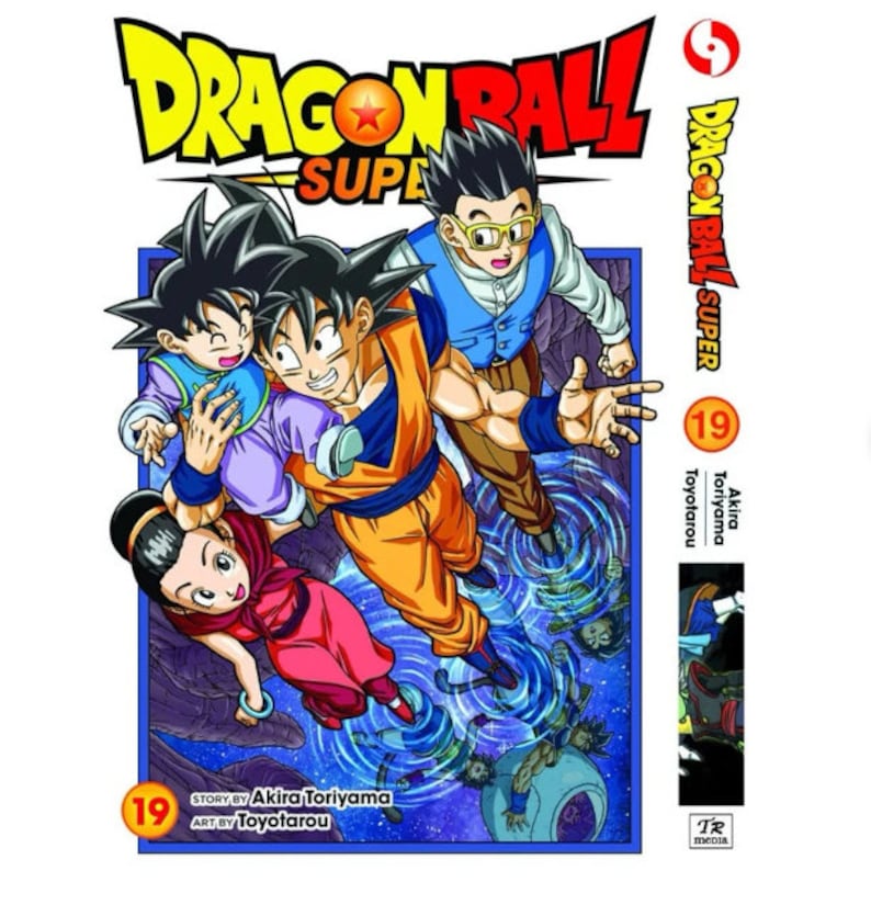 K&ouml;nnte beinhalten: Dragon Ball Super Manga Band 19 Cover mit Goku, Vegeta, Gohan und Pan in einer farbenfrohen Weltraumszene. Der Covertext lautet "Dragon Ball Super" und "Akira Toriyama Story by Toyotarou Art by".