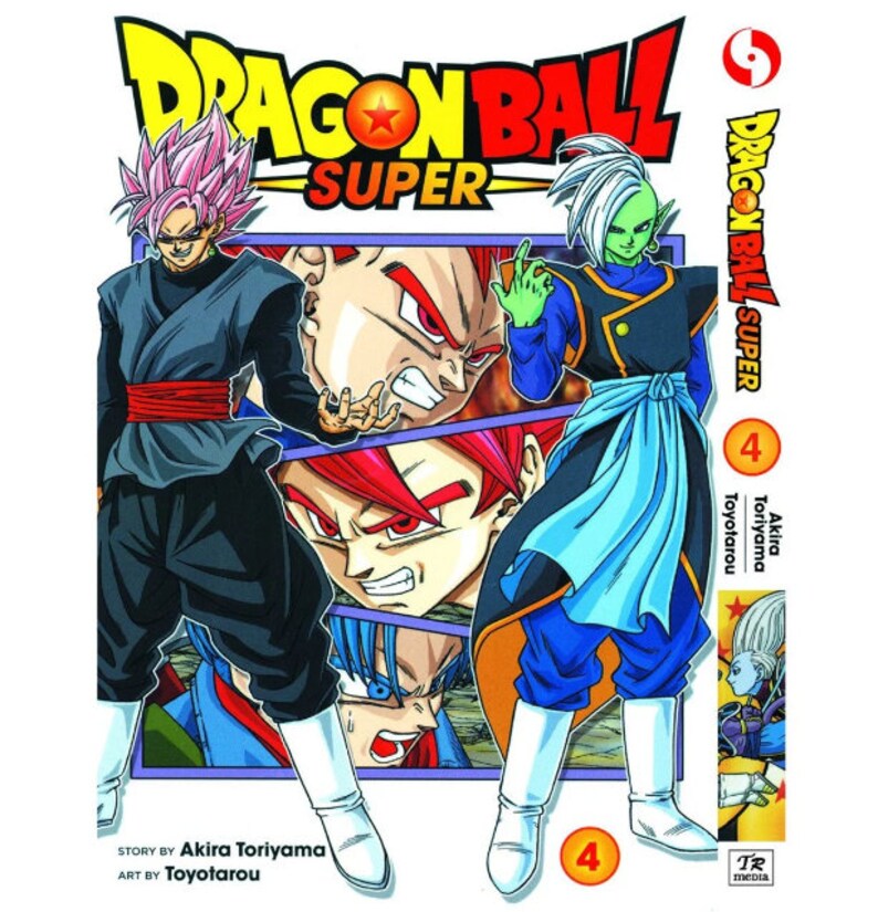 K&ouml;nnte beinhalten: Dragon Ball Super Manga Band 4 Cover mit Goku, Vegeta und Frieza in ihren Super-Saiyajin-Formen. Das Cover ist in einem lebendigen Comic-Stil mit einem rot-blau-gr&uuml;nen Farbschema illustriert.