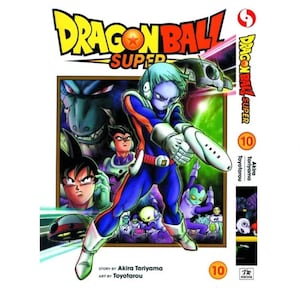 K&ouml;nnte beinhalten: Dragon Ball Super Manga Band 10 Cover mit einem blau-h&auml;utigen Alien-Charakter mit einer Waffe, Goku, Vegeta und anderen Charakteren im Hintergrund. Das Cover ist eine lebendige Mischung aus blauen, roten und gelben Farben.