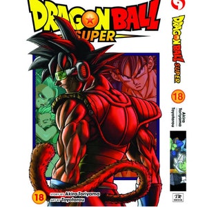 K&ouml;nnte beinhalten: Dragon Ball Super Manga Band 18 Cover mit einem roten und schwarzen Charakter mit einem roten Schwanz und einem gr&uuml;nen und blauen Charakter im Hintergrund. Der Text auf dem Cover lautet "Dragon Ball Super" und "Akira Toriyama".