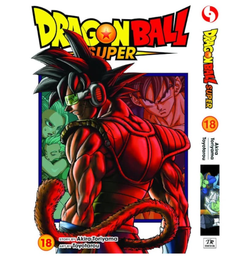 K&ouml;nnte beinhalten: Dragon Ball Super Manga Band 18 Cover mit einem roten und schwarzen Charakter mit einem roten Schwanz und einem gr&uuml;nen und blauen Charakter im Hintergrund. Der Text auf dem Cover lautet "Dragon Ball Super" und "Akira Toriyama".