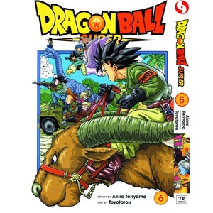K&ouml;nnte beinhalten: Cover von Band 6 des Dragon Ball Super Mangas, auf dem Goku auf einem braunen Stier mit rotem Sattel reitet. Die Cover hat einen gr&uuml;nen, violetten und blauen Hintergrund mit anderen Charakteren im Hintergrund. Der Text auf dem Cover lautet "Dragon Ball Super" und "Akira Toriyama".