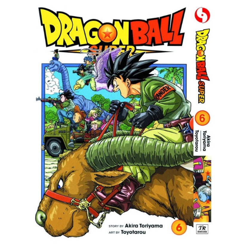 K&ouml;nnte beinhalten: Cover von Band 6 des Dragon Ball Super Mangas, auf dem Goku auf einem braunen Stier mit rotem Sattel reitet. Die Cover hat einen gr&uuml;nen, violetten und blauen Hintergrund mit anderen Charakteren im Hintergrund. Der Text auf dem Cover lautet "Dragon Ball Super" und "Akira Toriyama".