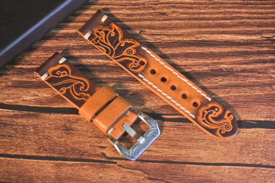 Vintage Engraved Genuine Leather Watch Band 18mm 20mm 22mm