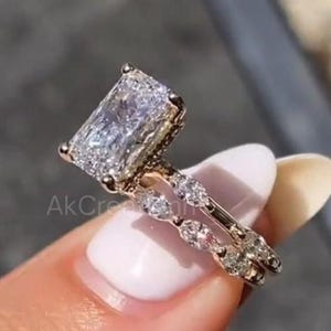3 CT Radiant Cut Moissanite Pave Band Ring Set Radiant Moissanite Engagement Ring 14K Gold Wedding Ring Anniversary Ring Set For Women