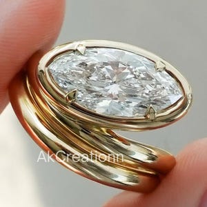 4 CT East West Oval Cut Moissanite Ring Set Oval Moissanite Wedding Bezel Set Solitaire Moissanite Ring Curved Band Yellow Gold Ring Set