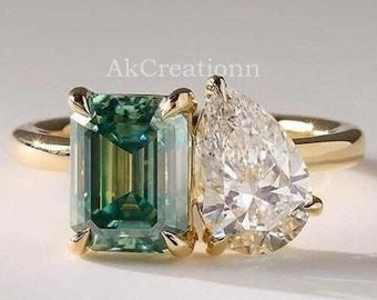 5.50 TCW Pear & Green Emerald Cut Moissanite Engagement Ring Vintage Wedding Ring 14K Solid Gold Gifts Ring Two Stone Ring Toi Et Moi Ring