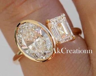 Toi Et Moi Ring 3 TW Oval And Emerald Cut Moissanite Ring Two Stone Engagement Ring 14k Gold Wedding Ring Anniversary Gift For Women
