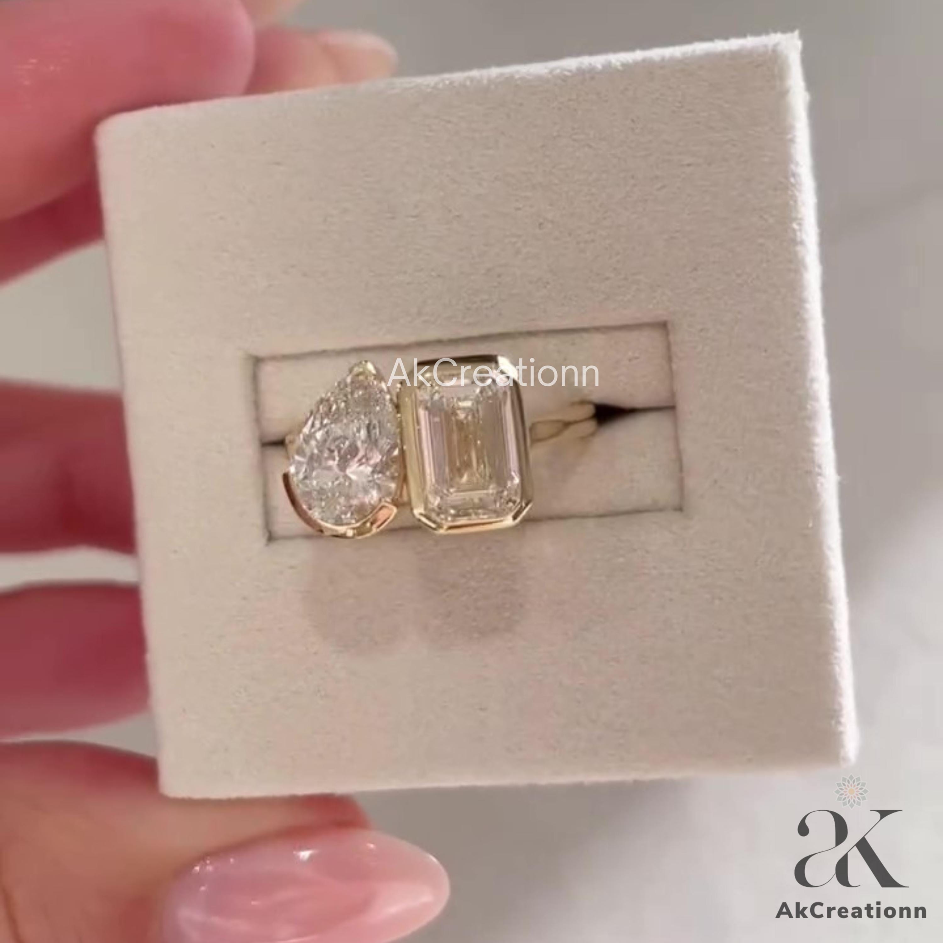 Toi Et Moi Ring 3 CTW Pear And Emerald Cut Moissanite Ring Two Stone Bezel Engagement Ring 14k Gold Wedding Ring Anniversary Gift For Women