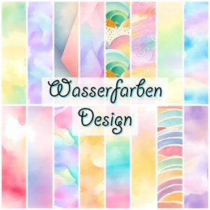 Könnte beinhalten: Eine digitale Collage aus 12 Aquarelldesigns in verschiedenen Farbtönen von Rosa, Blau, Gelb und Grün. Die Designs zeigen abstrakte Formen, Linien und Muster. Der Text "Wasserfarben Design" ist in schwarzer und blauer Kursivschrift geschrieben.