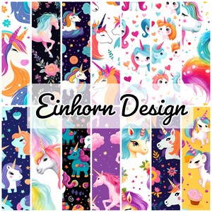 Könnte beinhalten: Eine Sammlung farbenfroher Einhorn-Designs. Das Bild zeigt verschiedene Illustrationen von Einhörnern mit Regenbogenmähnen und -hörnern, vor Hintergründen aus Sternen, Blumen und Herzen. Der Text "Einhorn Design" ist in der Mitte zu sehen.