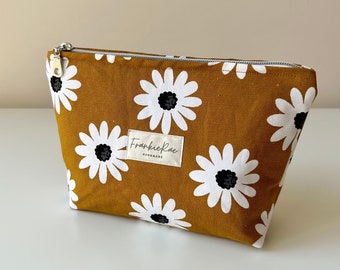 Canvas Makeup Pouch Mustard Daisy, Travel Toiletries Bag Zippered Soft Pouch